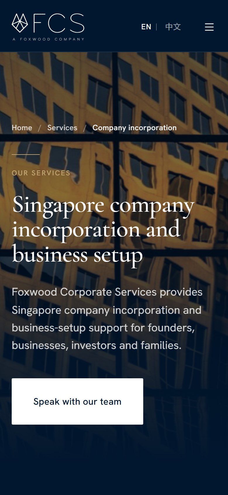 Foxwood Corporate Services website on a phone: Company incorporation service page