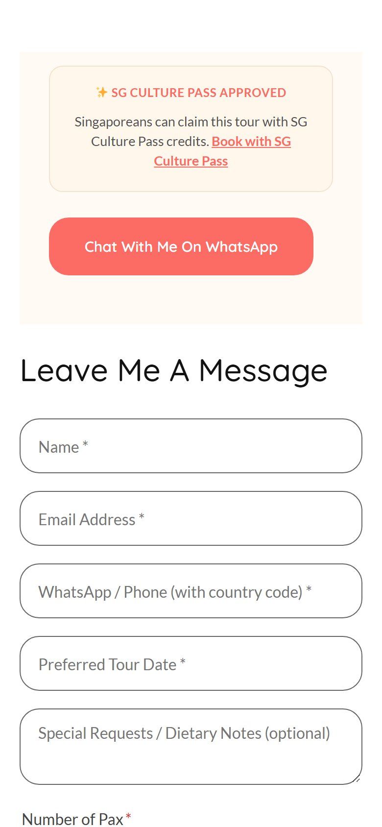 Tour with Lisa website on a phone: Chicken rice tour: fees and booking page
