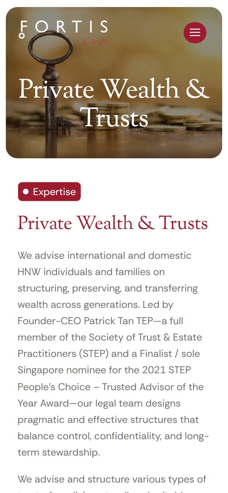 Fortis Law website on a phone: Private wealth and trusts practice page