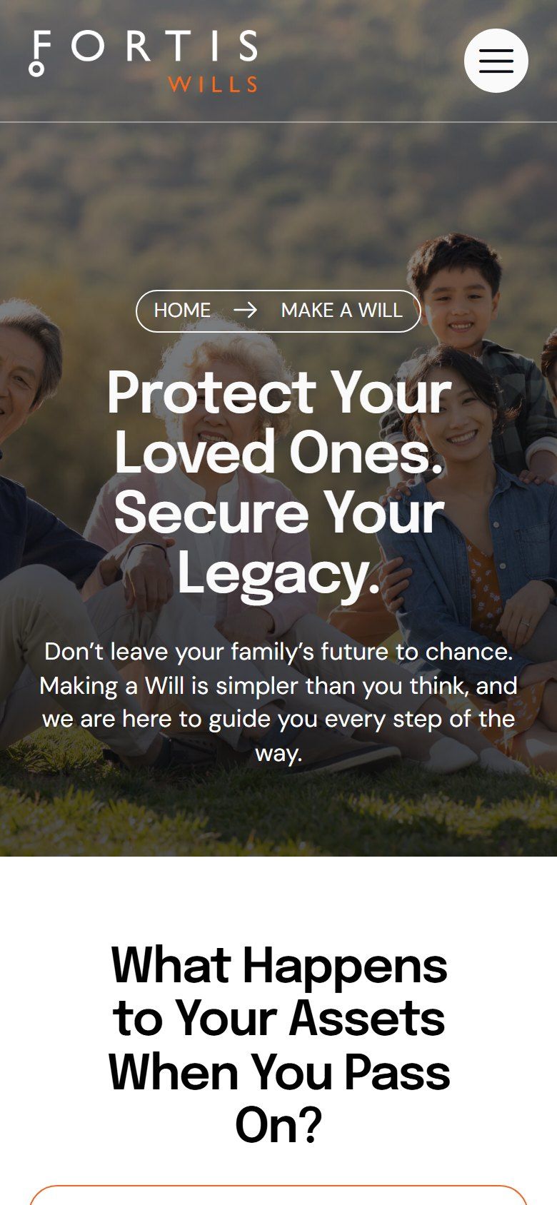 FortisWills website on a phone: Make a will page