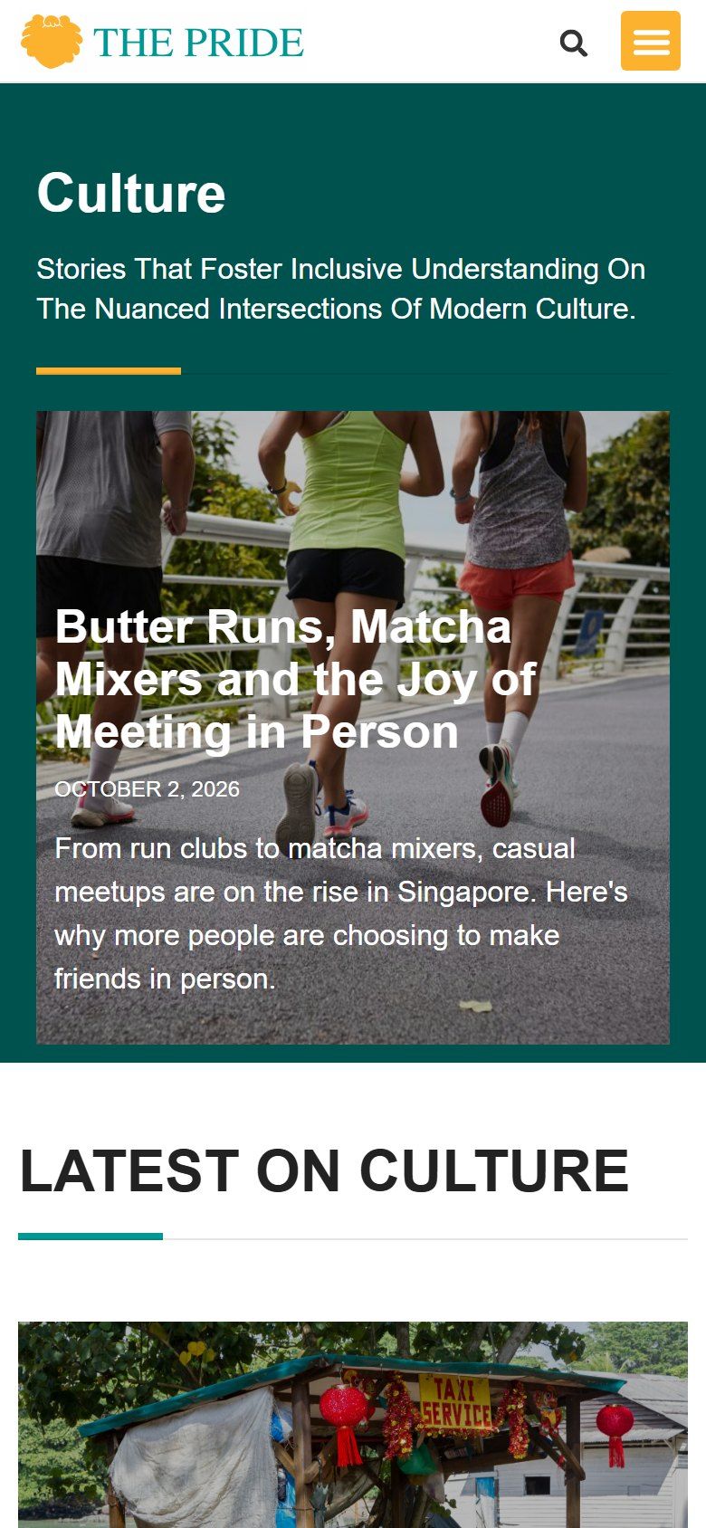 The Pride website on a phone: Culture category page