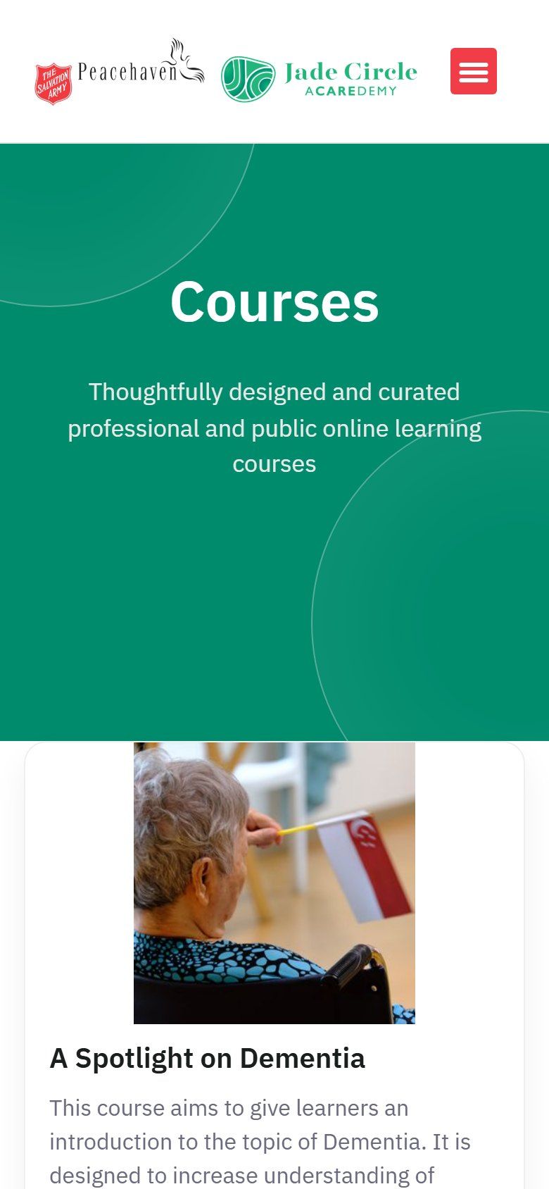 Jade Circle Acaredemy website on a phone: Courses page