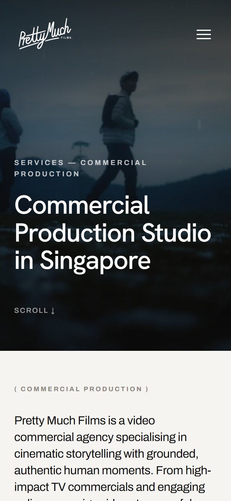 Pretty Much Films website on a phone: Commercial video production service page