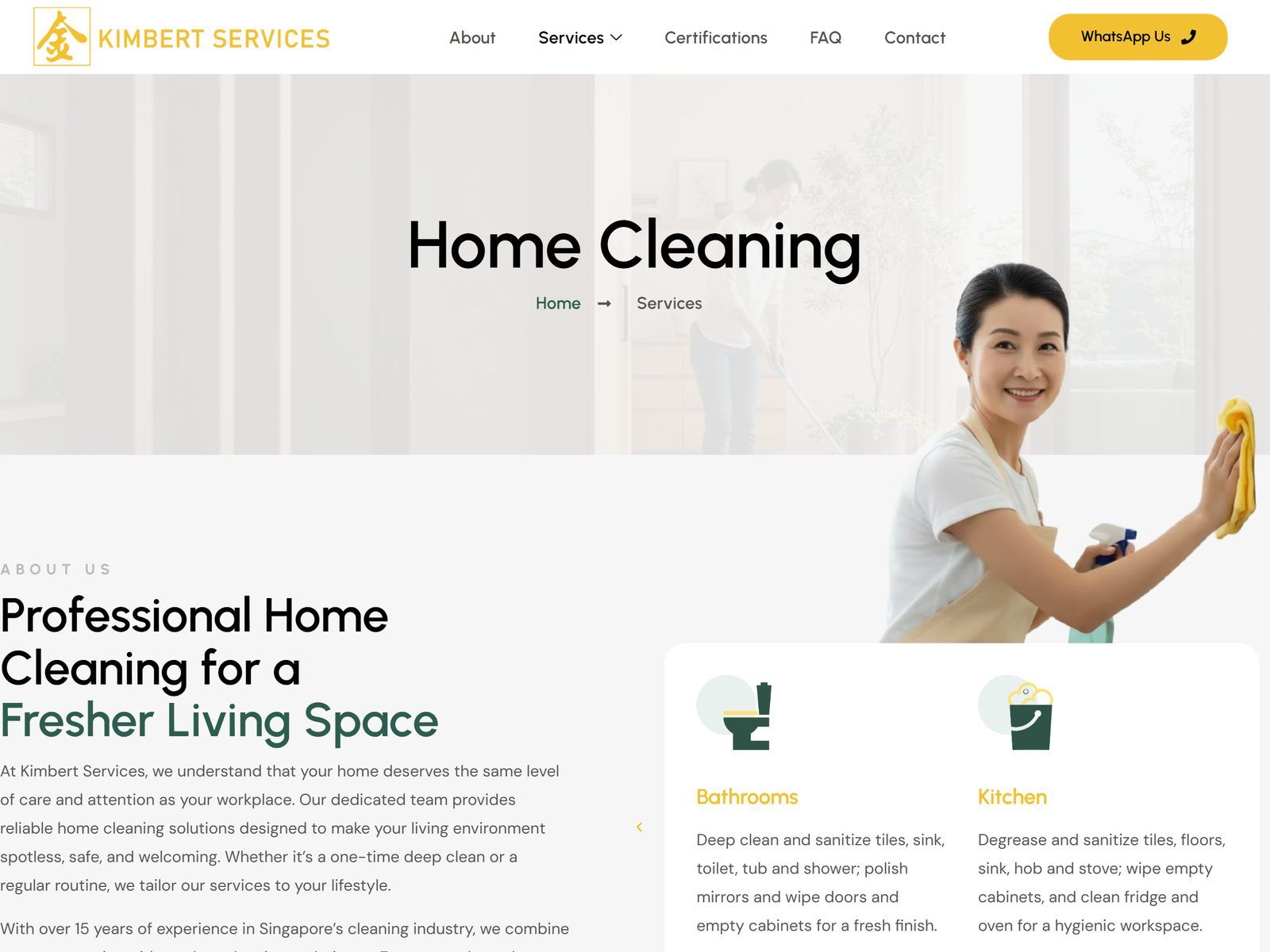 Kimbert Services website: Home cleaning service page