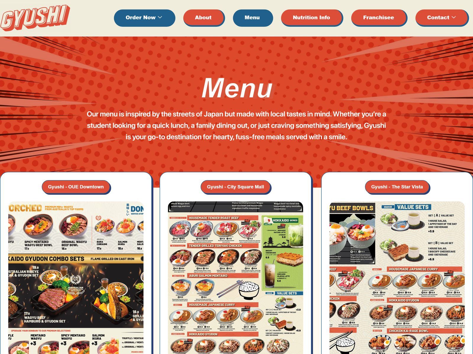 Gyushi website: Menu page