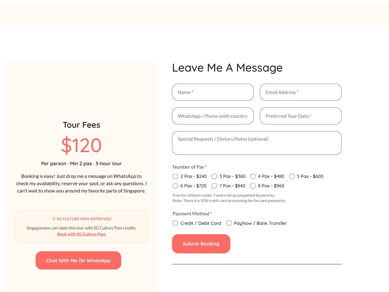 Tour with Lisa website: Chicken rice tour: fees and booking page