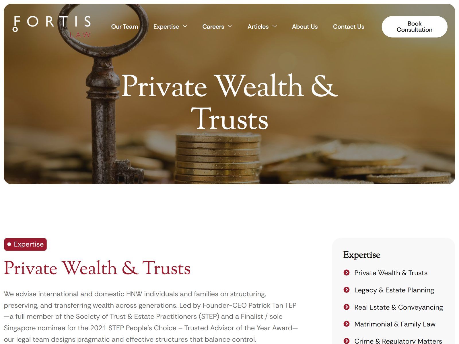 Fortis Law website: Private wealth and trusts practice page