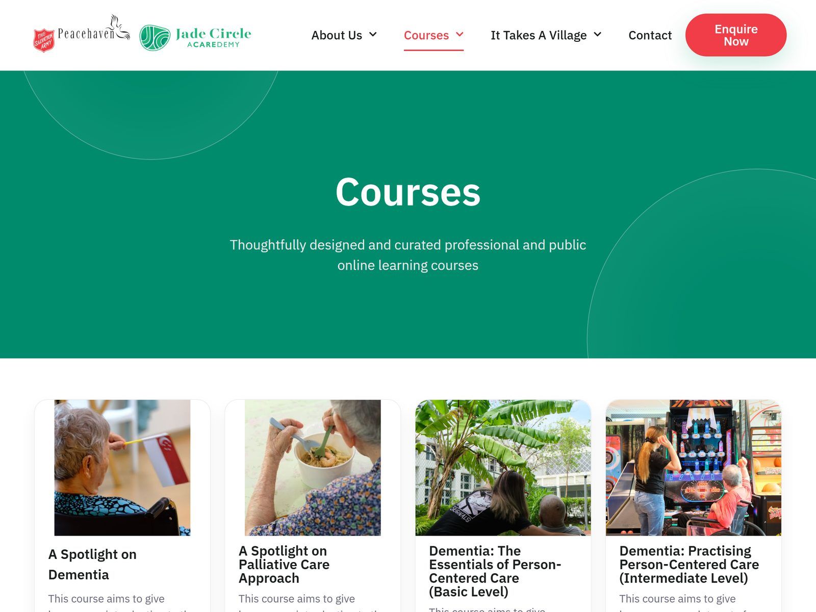 Jade Circle Acaredemy website: Courses page