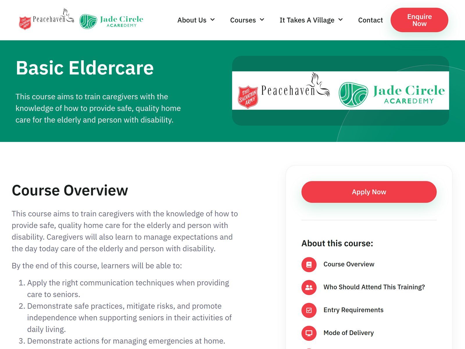 Jade Circle Acaredemy website: Course: Basic Eldercare page