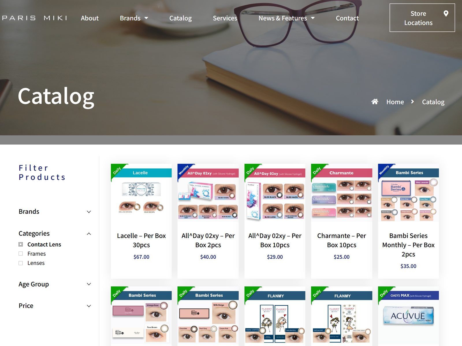 Paris Miki Singapore website: Contact lens catalogue page