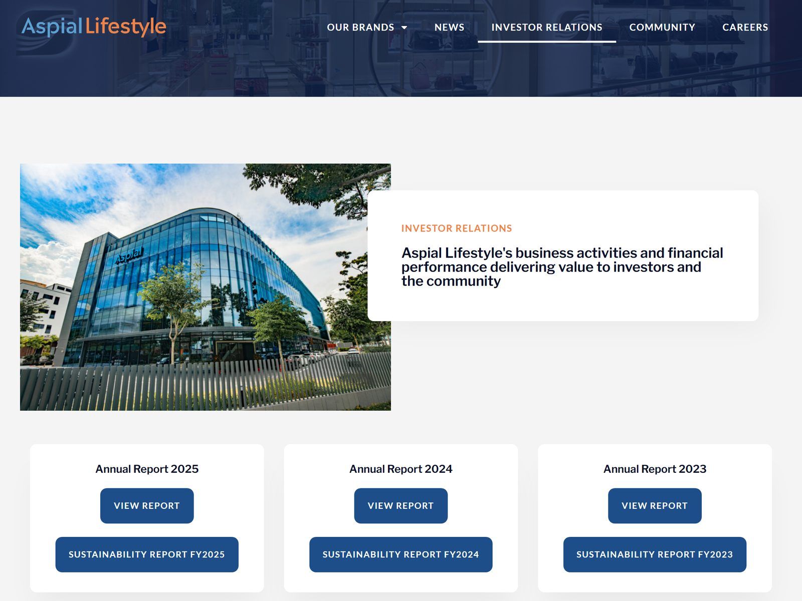 Aspial Lifestyle website: Investor relations page