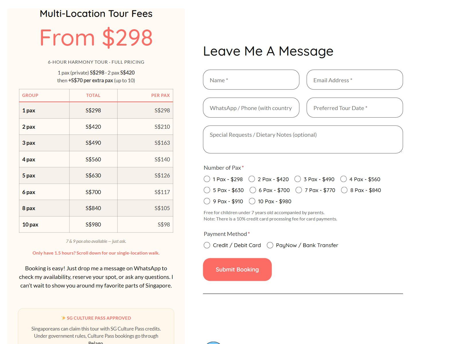 Tour with Lisa website: Harmony Walk: group pricing page