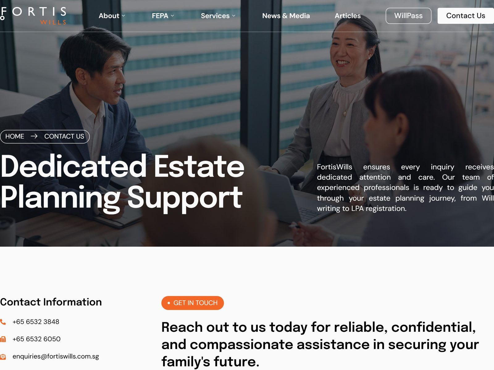 FortisWills website: Contact us page
