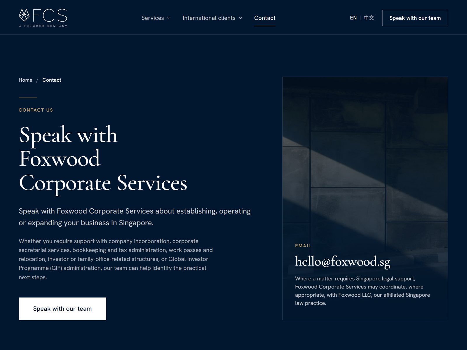 Foxwood Corporate Services website: Contact page