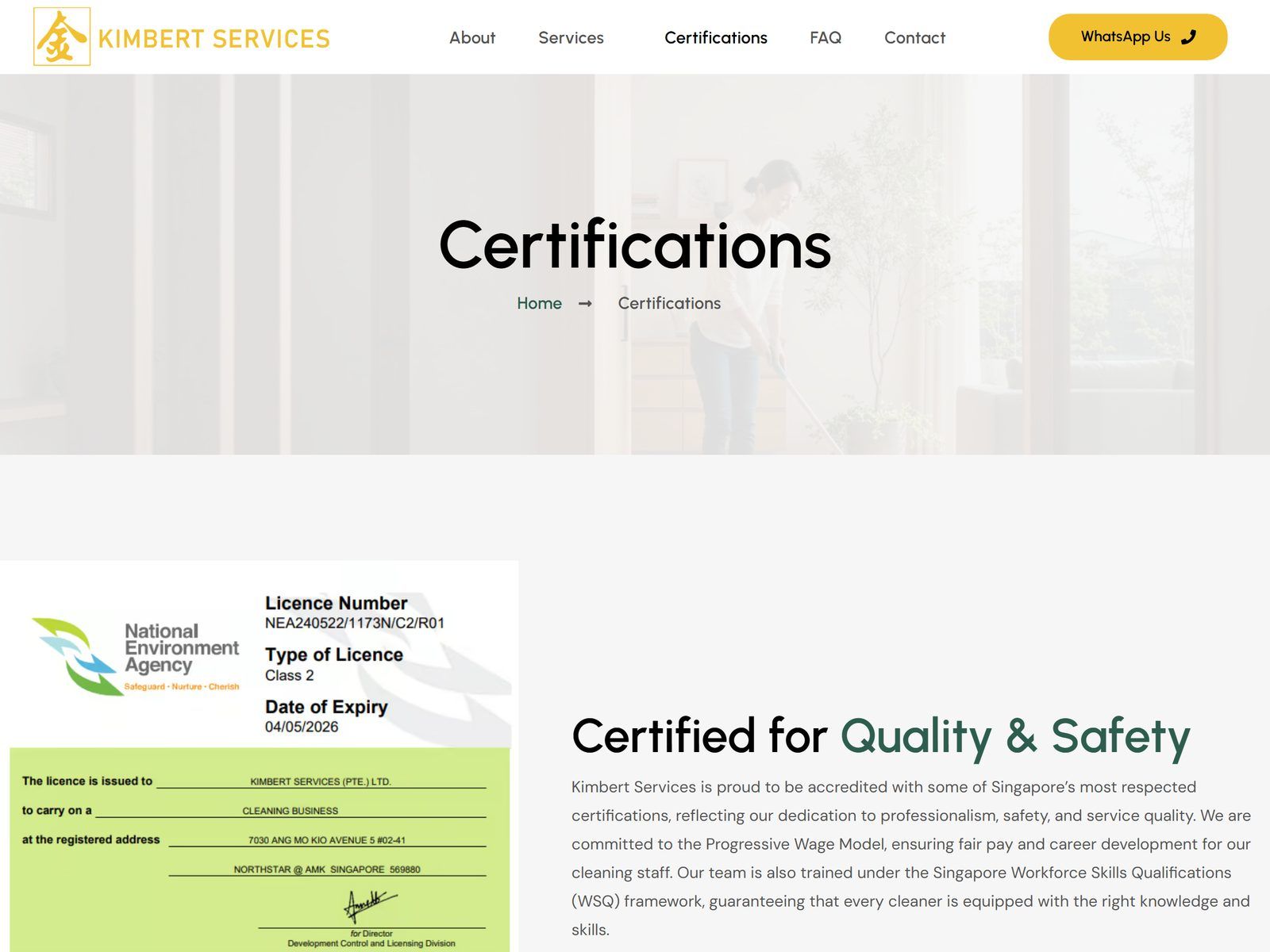 Kimbert Services website: Certifications page