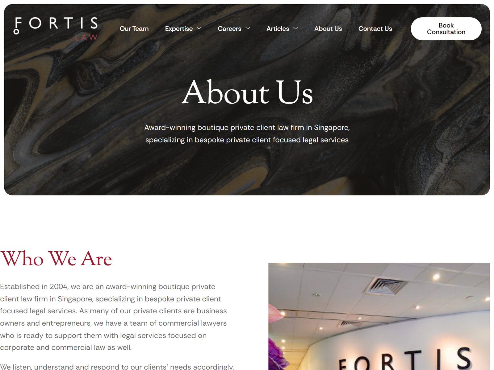 Fortis Law website: About us page